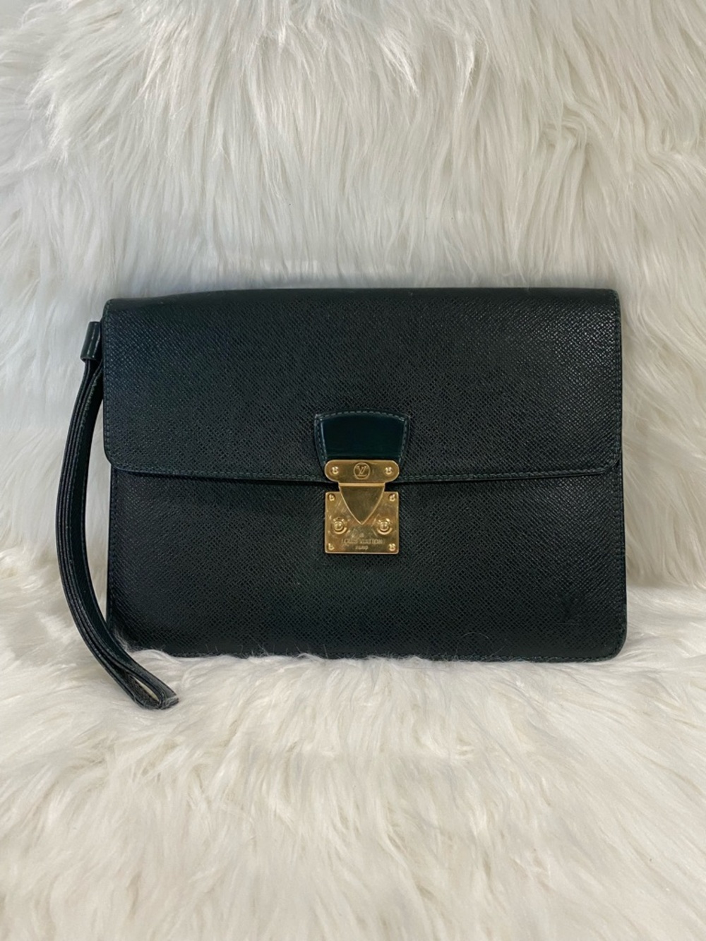 Louis Vuitton Green Taiga Leather Clutch with Gold Hardware